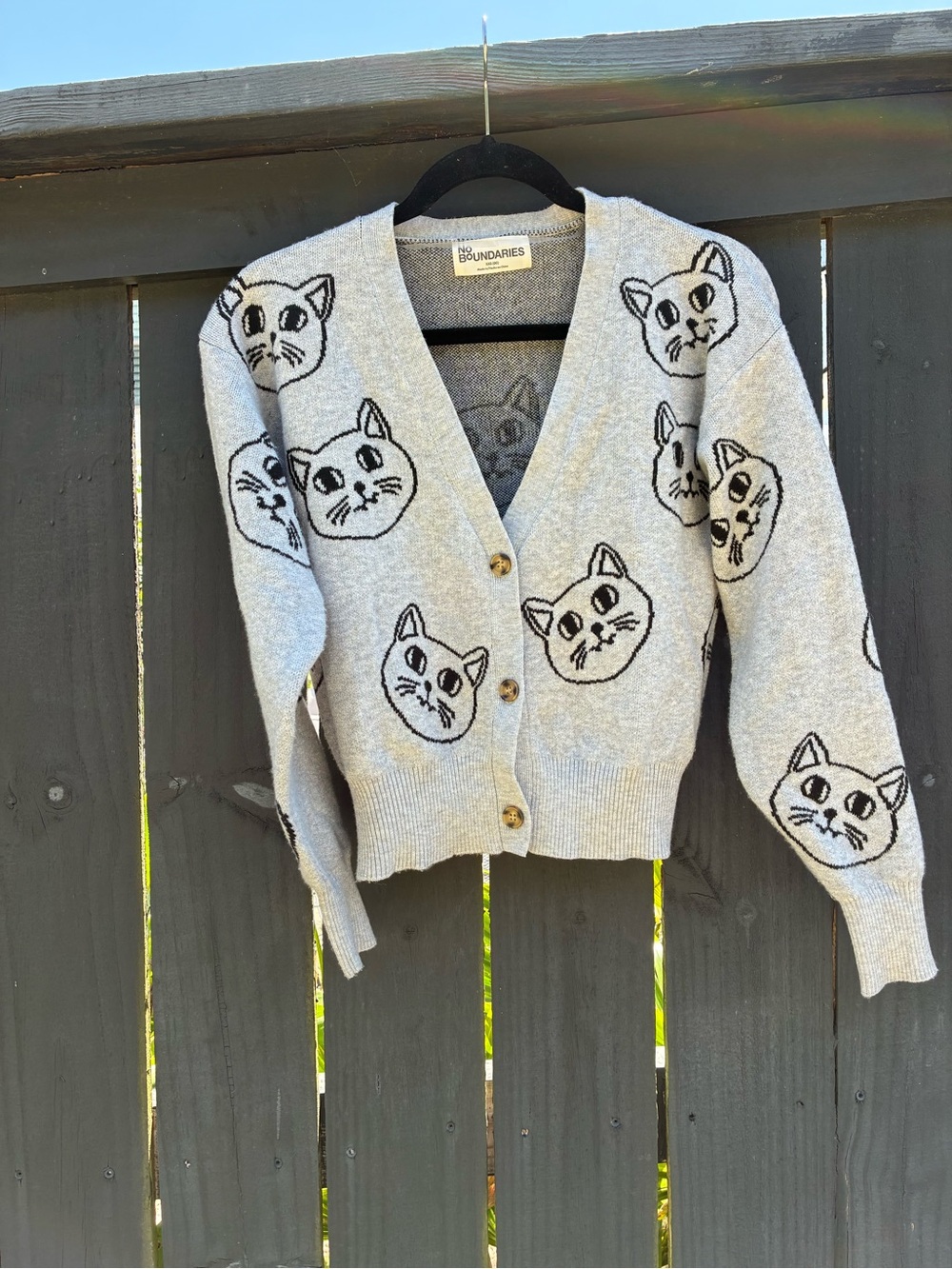 No Boundaries Light Gray Cat Face Button-Up Cardigan - Picture 2 of 4